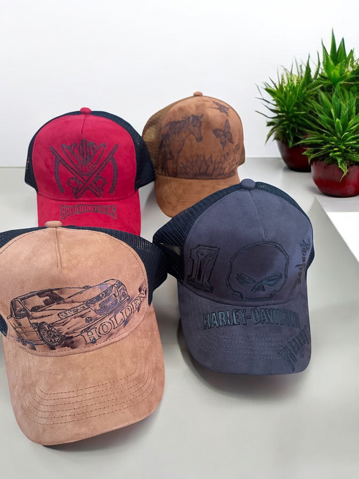 Handburned suede caps