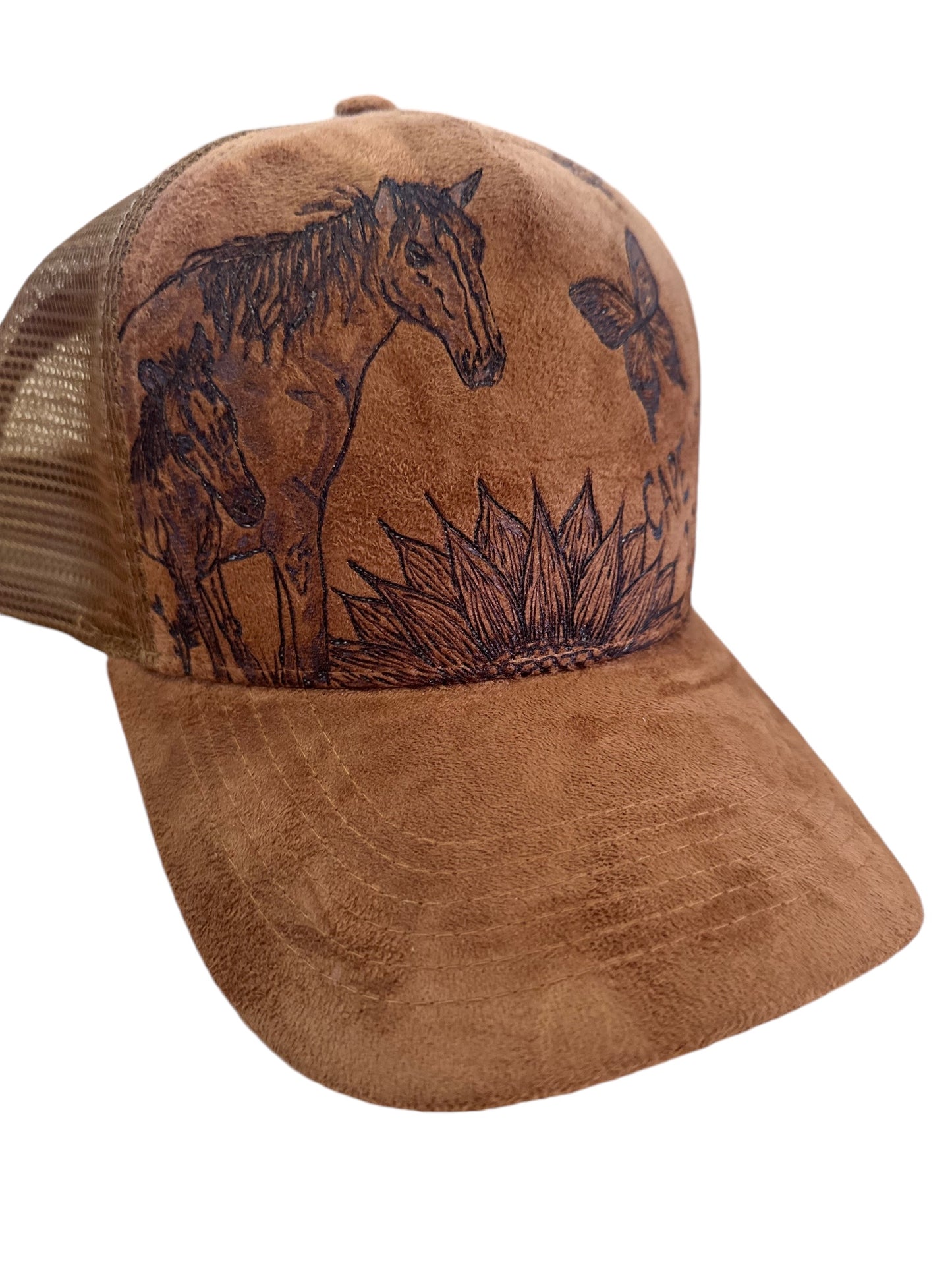 Handburned suede caps